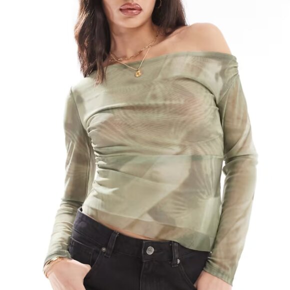 NWOT PULL&BEAR One Shoulder Mesh Top - Picture 1 of 4